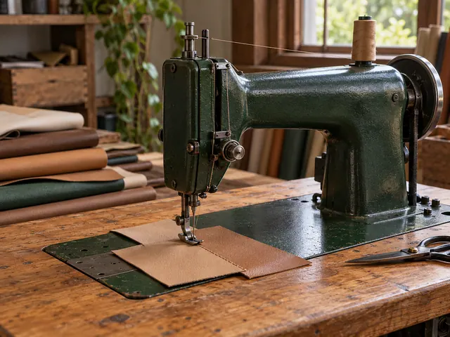 A sewing machine rests over overlapping tan swatches joined by a simple stitched seam